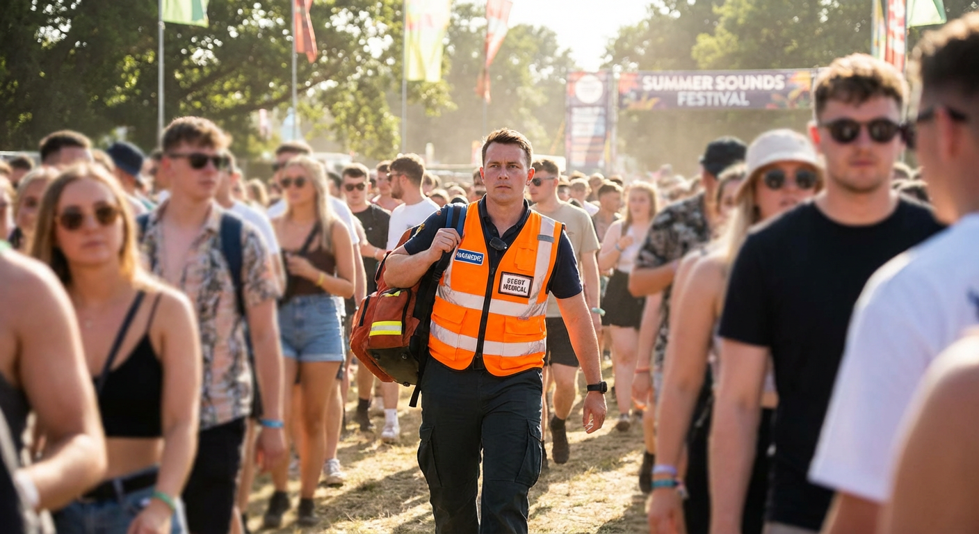 EMT paramedic moving through a festival crowd