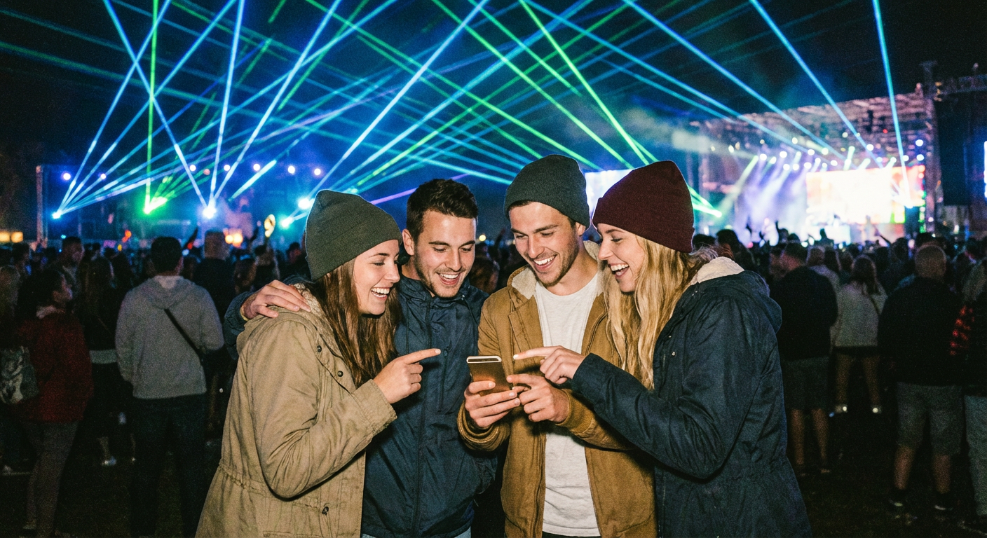 Friends at a festival sharing location on a smartphone
