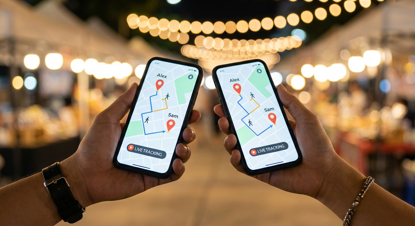 Two smartphones showing real-time location sharing on a map