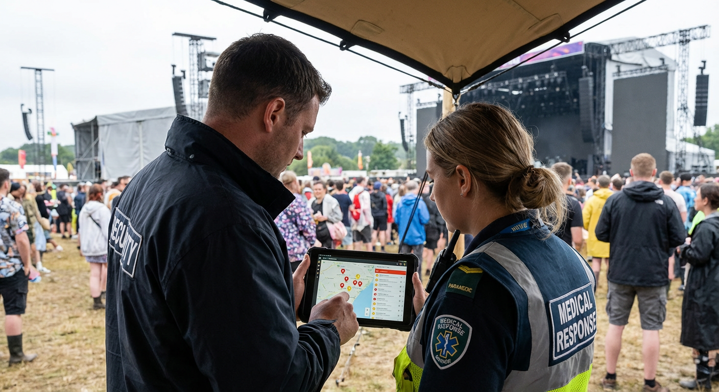 Security and medical team members reviewing an alert dashboard together at an outdoor event