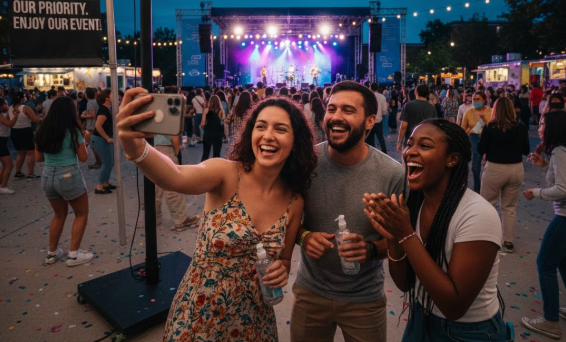 Attendees enjoying a live event at dusk